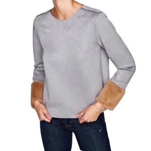 Zara grey suede top with fur cuffs Size S